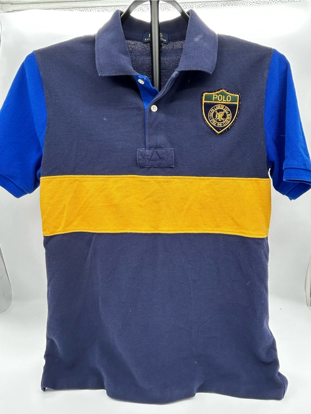 Polo by Ralph Lauren Boys Navy Blue Royal Blue Gold Stripe Shirt Size 14/16